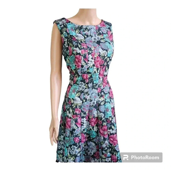 Koret Blue Multicolor Floral Pinafore Dress Sleeveless Invisible Zipper Sz 8 - Picture 4 of 10